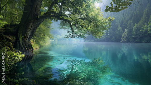 tranquil lake surrounded by lush vegetation  with a majestic Dawn Redwood tree reflected in the crystal-clear water  creating a symphony of colors and textures that is both captivating and serene.