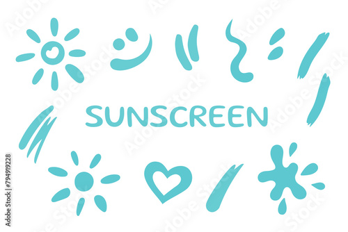 Strokes of sunscreen cream set. Collection of lotion, spray, oil, toothpaste smudges. SPF cosmetic products touches. Sun, heart, smile, blob smears shapes. Vector illustration. Flat design