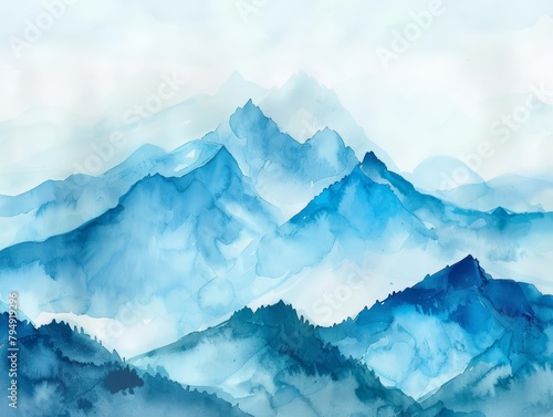 Misty mountains in the distance, their peaks gently dabbed with minimal watercolor, kawaii, bright water color