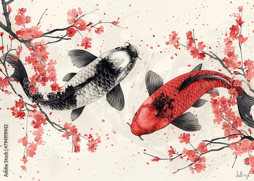 Elegant Koi Fish Amidst Blossoming Branches