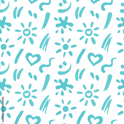 Strokes of sunscreen cream seamless pattern. Texture of lotion, spray, oil, toothpaste smudges. SPF cosmetic products touches. Sun, heart, smile, blob smears shapes. Vector illustration. Flat design