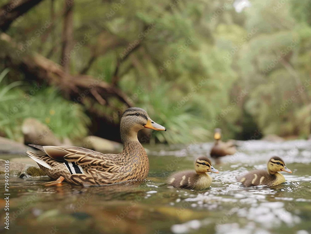 Ducks in stream with mother leading, ducklings following closely behind in calm serene waters. Ducks in stream with mother leading, ducklings following closely behind in calm serene waters.