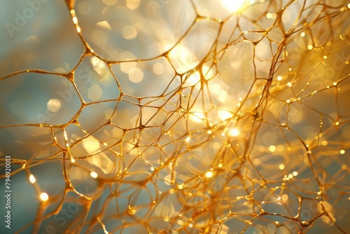 Golden fibers intertwine, constructing a delicate yet robust network, visualized in a macro perspective that celebrates technological innovation photo