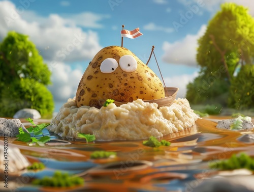 An adventurous potato sails a gravy boat across a mashed landscape, exploring the far reaches of a dinner plate a quirky and imaginative cartoon concept photo