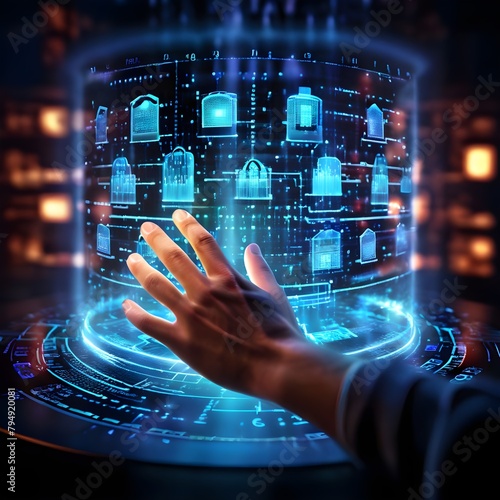 illustration of a human hand pressing against a touch screen binary code flowing from fingertips