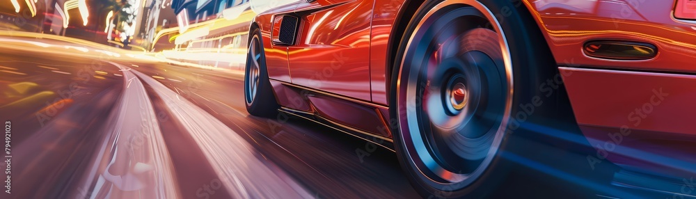 Showcase the intricate details and motion blur of a speeding sports cars wheel on the road Showcase the intricate details and motion blur of a speeding sports cars wheel on the road