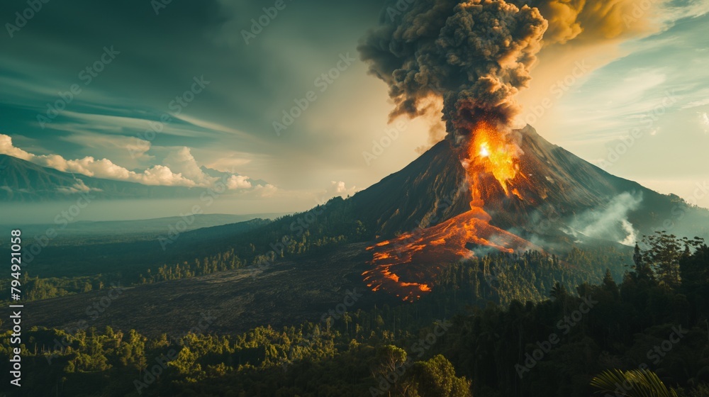 Volcano eruption near green forest expulsion of gases, rock fragments, movement of magma from the Earth’s mantle to the surface