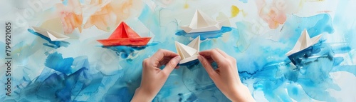 Small hands crafting paper boats, setting them afloat on a watercolor blue river, kawaii, bright water color