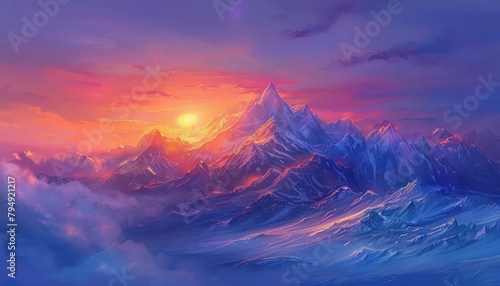 The sunrise casts a fiery glow over a high mountain ridge, illuminating the snowy peaks in warm hues, inspiring awe and peace, kawaii, bright water color