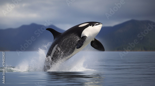 A majestic orca breaching the surface of the ocean, water cascading off its black and white body as it leaps into the air. © Creative