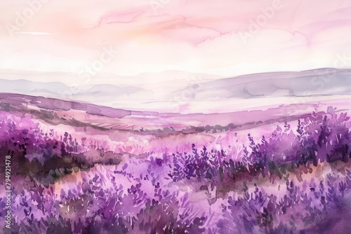 Lavender fields stretch endlessly, their soothing hues blending into a dreamlike watercolor wash, kawaii, bright water color