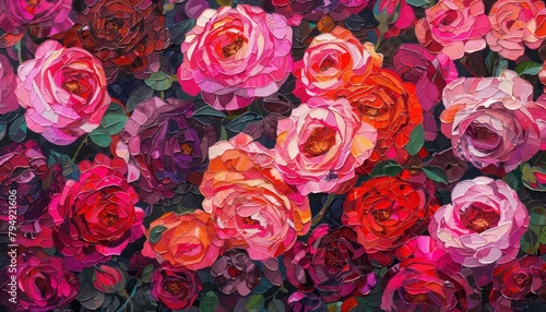 Roses in full bloom create a vibrant mosaic  each petal a brushstroke of deep crimson and pink  kawaii  bright water color