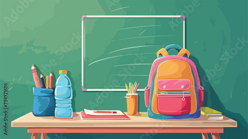 Colorful school backpack with bottle of water 