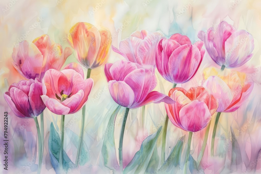 Tulips bow gently in the breeze, their colors a pastel palette worthy of a watercolor masterpiece, kawaii, bright water color Tulips bow gently in the breeze, their colors a pastel palette worthy of a watercolor masterpiece, kawaii, bright water color