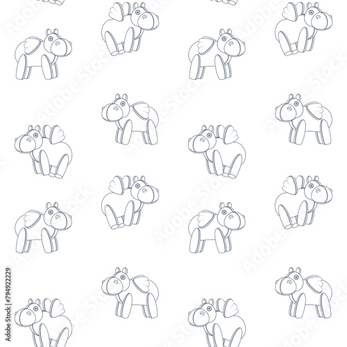 Fototapeta Naklejka Na Ścianę i Meble -  Seamless pattern with toy hippo with wings. Black and white vector background.
