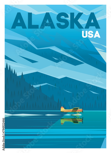 Yellow plane lands on the water. Nature of Alaska, USA.