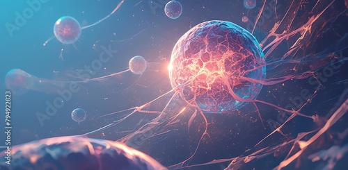 medical illustration of cancer cell with purple glowing aura