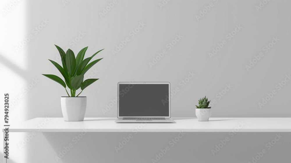 Laptop and plants on a white table against a white background. Laptop and plants on a white table against a white background.