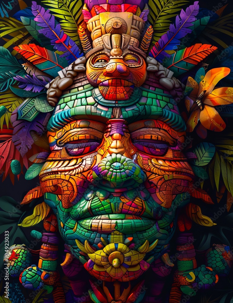 A colorful image of a mask with leaves and flowers.