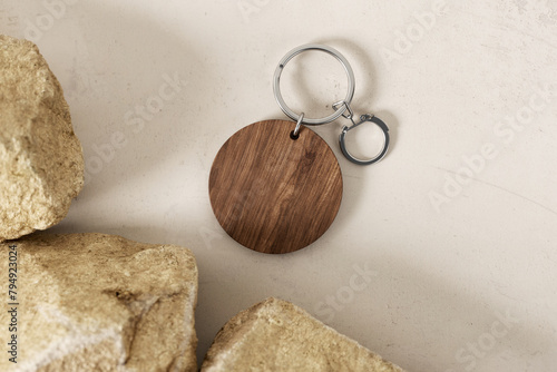 Vintage round wooden keychain mockup. 3D rendering