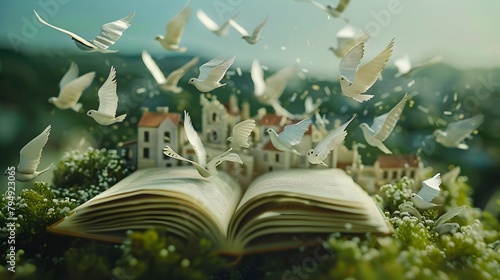 Books Transforming into Birds Soaring Over a Quaint Village Symbolizing the Freedom that Education Brings