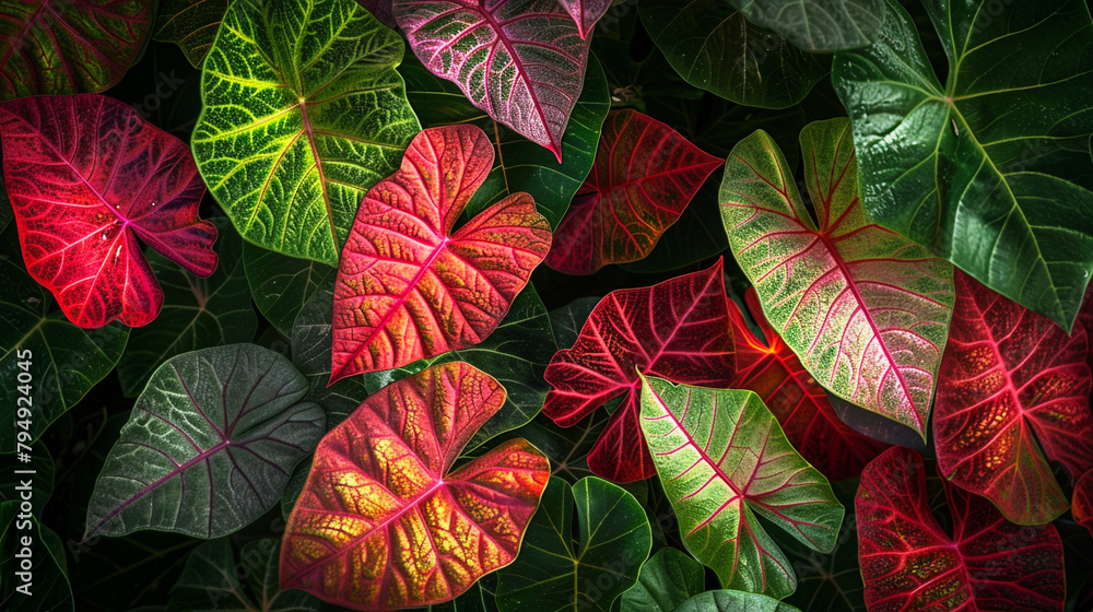 Caladium plant, showcasing its intricate patterns and striking colors under natural light, adding a touch of tropical elegance to any indoor or outdoor setting.