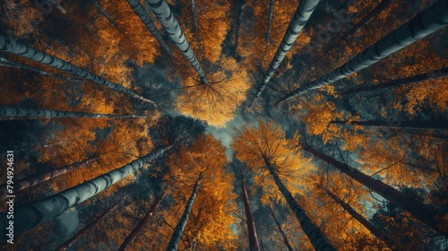 Autumn trees in forest view from bottom dark sky