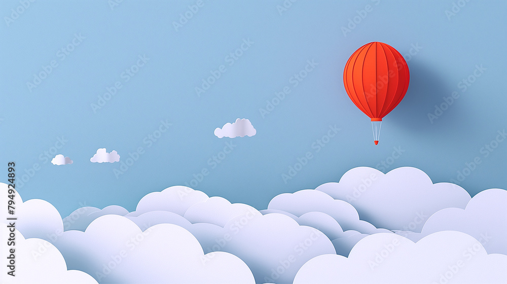 Fototapeta premium Minimal paper cutout illustration of sky, Ballon and Cloud on a