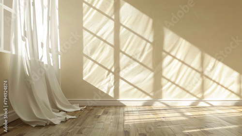 A room with a white curtain and a window. The room is empty and has a lot of natural light coming in