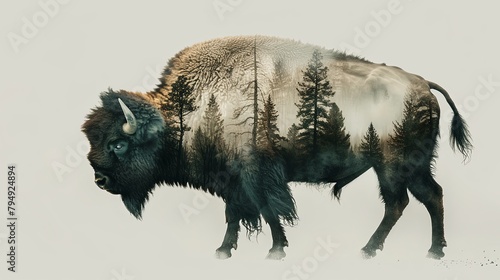 Illustration design of buffalo double exposure with mountain landscape and forest overlay