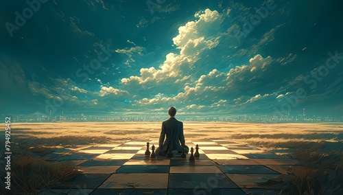 A businessman stands on a chessboard, with an epic city skyline in front of him and behind it a vast field with large wooden chess pieces scattered around, creating a dramatic scene.  photo