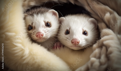 A pair of affectionate ferrets cuddled up in a cozy nest made of soft blankets.