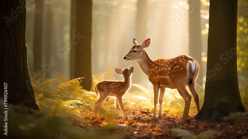 Wild deer roam peacefully in a lush forest setting, surrounded by greenery and tall trees © JubkaJoy