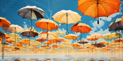 umbrellas of the sky, umbrellas hanging decorations, Colorful umbrellas with traces beneath the blue sky and clouds. GENERATIVE AI 