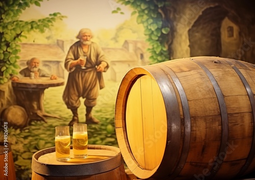 cider production in antiquity. Fat monks with a glass of cider in their hands among oak barrels, with apples in the background photo