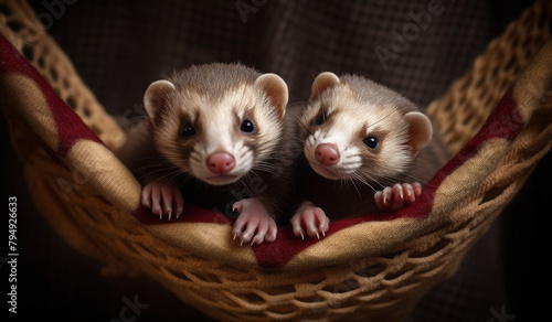 A pair of affectionate ferrets cuddled up in a cozy hammock, their noses twitching as they dream of playful adventures.