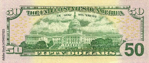 Vector reverse high polygonal pixel mosaic banknote of USA. Denominations of bill 50 dollars. Game american money of flyer. Part 2