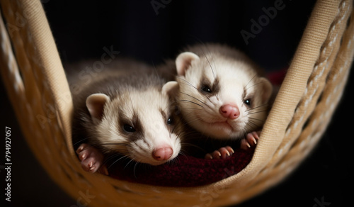 A pair of affectionate ferrets cuddled up in a cozy hammock, their noses twitching as they dream of playful adventures. photo