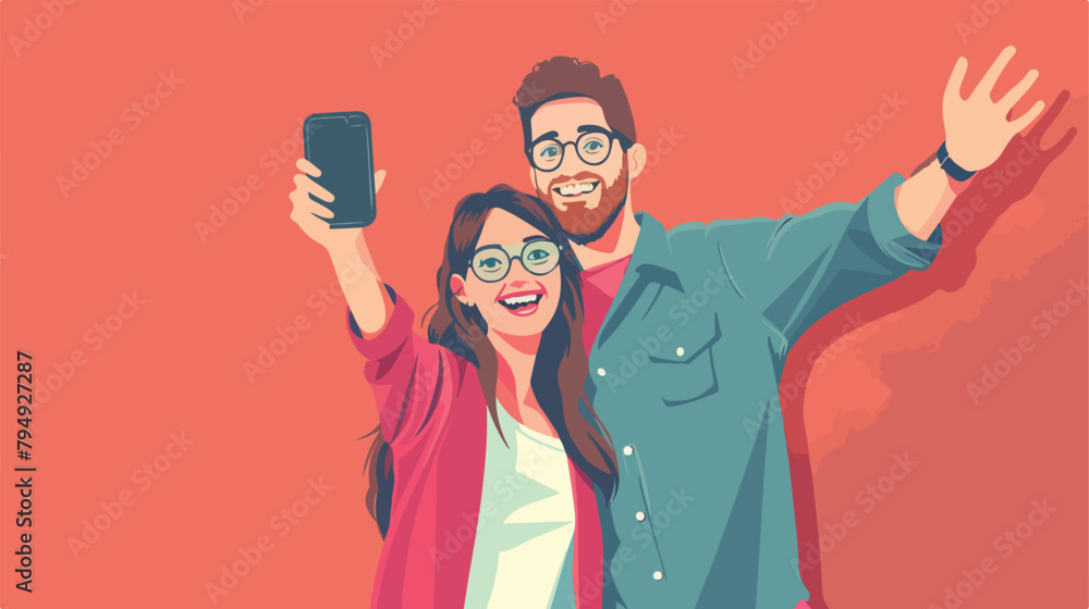 Couple taking selfie on color background Vector illustration