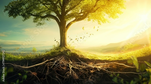 A large evergreen tree on a hill with large, fibrous roots that spread along the ground with a natural background illuminated by a beam of sunlight photo