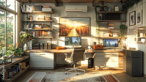 Detailed sketch of a modern home office design with a stylish desk  ergonomic chair  and artistic wall decorations