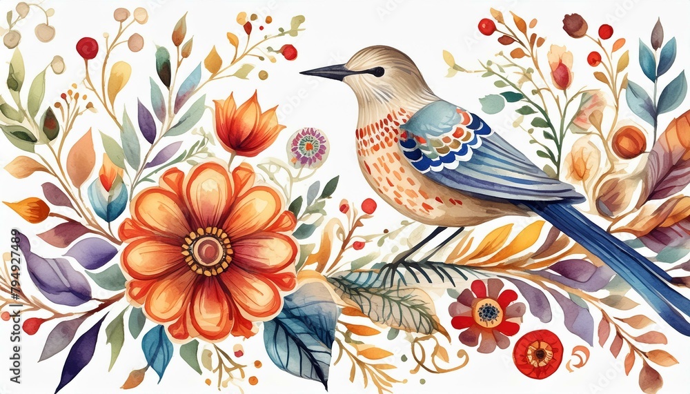 Folk art watercolor with a bird and flowers