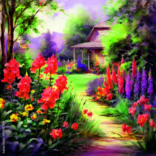 Floral colourful watercolour oil painting of garden splash colour of ballota flowers