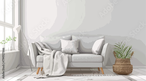 Cozy grey sofa and basket with soft blanket in interi photo