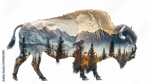 Mountain landscape with forest double exposure overlay on american bison