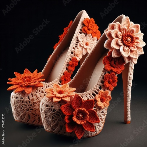 beautiful women's shoes with high thin heel, decorated with flowers made of colored wool, blunt toe, orange color, very dark background  photo