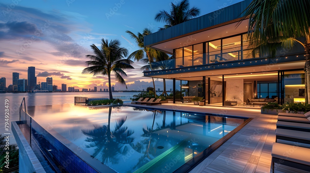 A stunning infinity pool, with palm trees and sun loungers on an outdoor patio, overlooks the skyline and a modern mansion with large windows. 