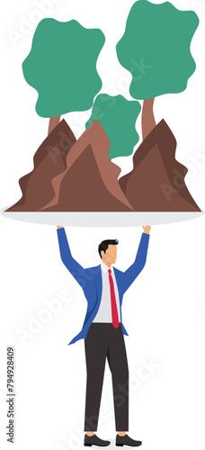 Businessman lifts up three mountain peaks, businessman strength and pressure, business concept illustration