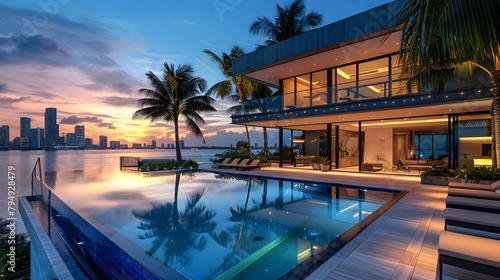 A stunning infinity pool, with palm trees and sun loungers on an outdoor patio, overlooks the skyline and a modern mansion with large windows. 