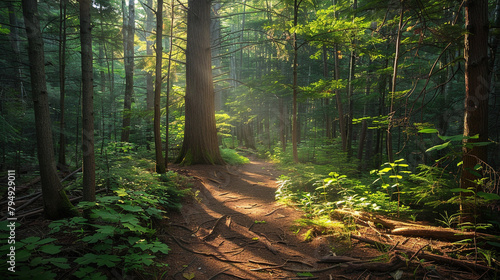 Eastern Hemlock tree-lined trail winding through a peaceful woodland setting  with sunlight filtering through the dense foliage 